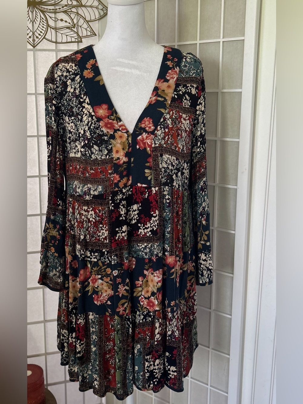 ENTRO Boho Patchwork Floral Fall Dress Large